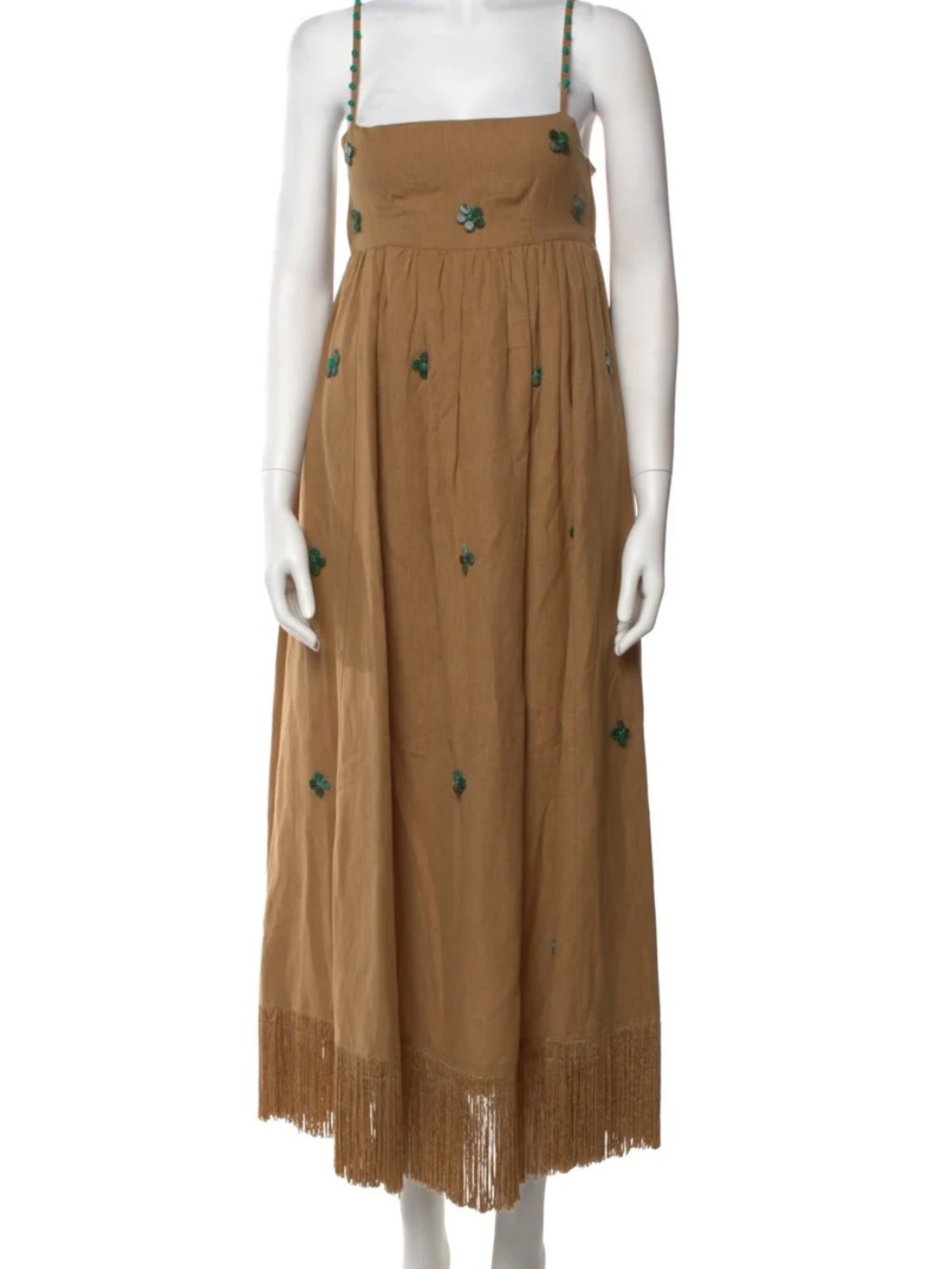 Eddy Midi Dress with Green Embroidery and Fringe